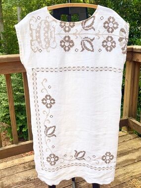 Handmade Embroidered White Linen Shift Dress with Taupe Floral Cross-Stitch